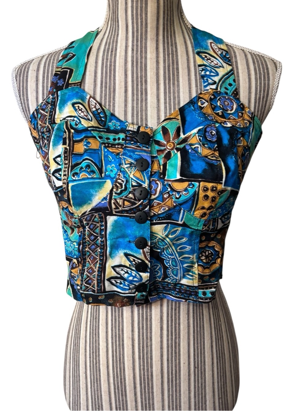 Y2K Halter Crop Top Small WONDER Blue Yellow Patchwork with Button Front